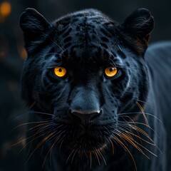 Majestic black panther with piercing golden eyes in the dark. wildlife portrait. close-up view. natural elegance. generative AI