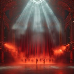 Majestic hall with beams of light, silhouetted figures stand in mist. evoking mystery and awe. surreal, atmospheric scene. generative AI