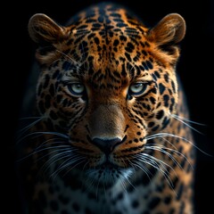 Stunning leopard portrait emerging from darkness. close-up of leopard face with intense gaze. wildlife digital art. photorealistic animal rendering. generative AI