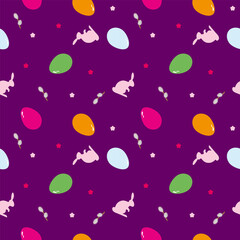 Seamless pattern featuring Easter eggs, rabbits and willow. Vector illustration