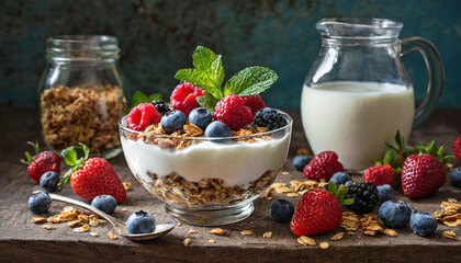 Healthy breakfast with granola, greek yogurt and fresh berries. Still life on a wooden table