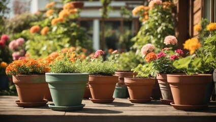 Fototapeta na wymiar Pots in a flower garden