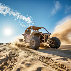 UTV buggy in the action on sand with sunshine
