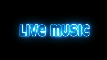 Live Music text font with neon light. Luminous and shimmering haze inside the letters of the text Live Music. 