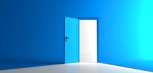 Open the door. Symbol of new career, opportunities, business ventures and initiative. Business concept. 3d render, white light inside open door isolated on blue background. Modern minimal concept.