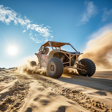 UTV buggy in the action on sand with sunshine