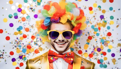 Fotobehang mann, karneval, sonnenbrille, konfetti, kostüm, lachend, close up, perücke, modern, neu, minimal, schlicht, bunt,  © jeepbabes