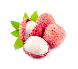 Lychee with leaves on white background.