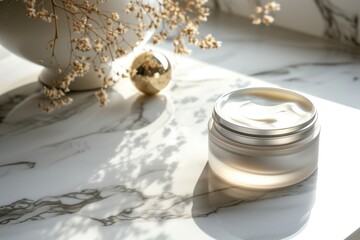 Product Photography, Luxury skincare creams on a marble surface, Close-Up shot