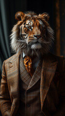Tiger dressed in an elegant suit, standing as a confident leader and a powerful businessman. Fashion portrait of an anthropomorphic animal posing with a charismatic human attitude