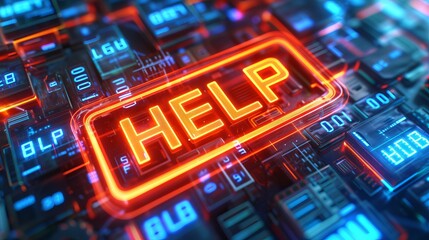 Obraz premium Vibrant holographic help text icon shining in the air, creating a captivating experience.