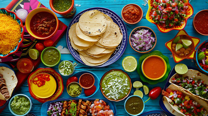 A festive Mexican taco spread with soft corn tortillas grilled meats and a variety of fresh salsas.