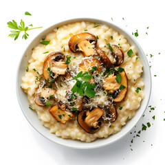 Mushroom Risotto: Creamy risotto with assorted mushrooms, Parmesan cheese, and fresh herbs. White...