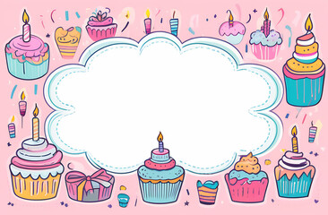 Naklejka premium Watercolor style happy birthday card, frame, big bow, gift box, small cupcakes, candles, place for inscription