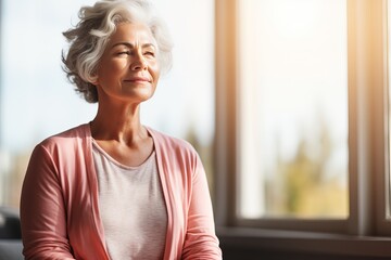Autumn themed bright daylight photo of elderly woman practicing relaxing yoga at home
