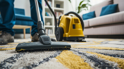Fototapeta premium Cleaning carpet with a vacuum cleaner in the living room at home