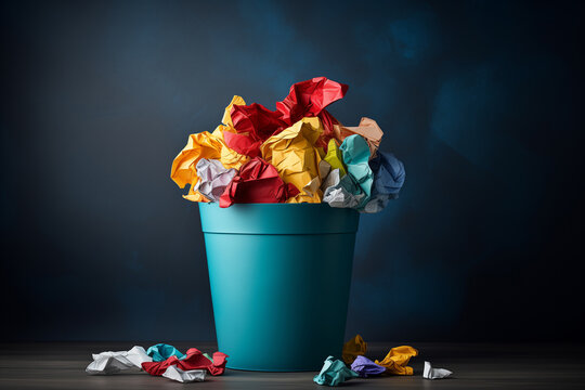 A plastic trash can full of colorful crumpled paper, minimal home interior