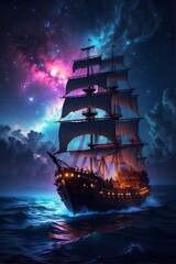 Pirate ship sailing into a sea with a galaxy in the sky
