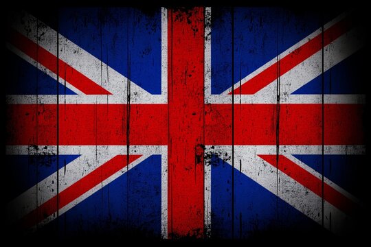 This image showcases the iconic Union Jack, the national flag of the United Kingdom, with a distressed, grunge texture overlay that gives it an aged, vintage appearance. The combination of the flag's