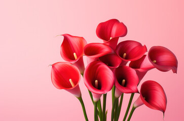 Vivid red Calla lilies flowers on pink background