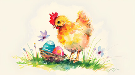 Fototapeta premium Easter. Illustration of a chicken and Easter eggs on a happy Easter day.