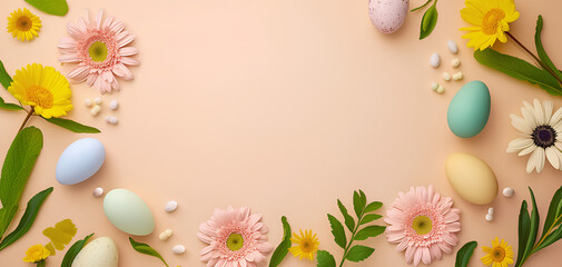 Naklejka na ściany i meble Cute frame of twigs and flowers with Easter colorful eggs on a spring background, top view.