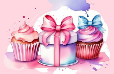 Watercolor style happy birthday card, frame, big bow, small cupcakes, candles, place for inscription