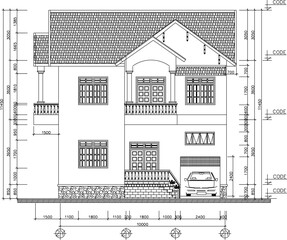Vector sketch illustration design architectural engineering drawing view of a simple house building