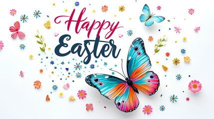 Happy Easter. Festive illustration with watercolor, abstract, floral butterfly and text. - obrazy, fototapety, plakaty