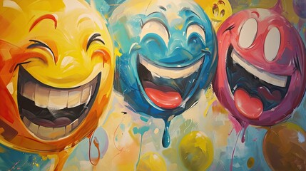 Digital painting of a group of smiling emoticons with paint splashes