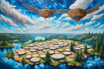A Last Day of Passover floating island, matzo meadows suspended among the clouds, a breathtaking view of an aerial