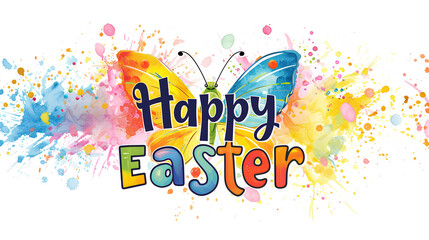 Happy Easter. Festive illustration with watercolor, abstract, floral butterfly and text.