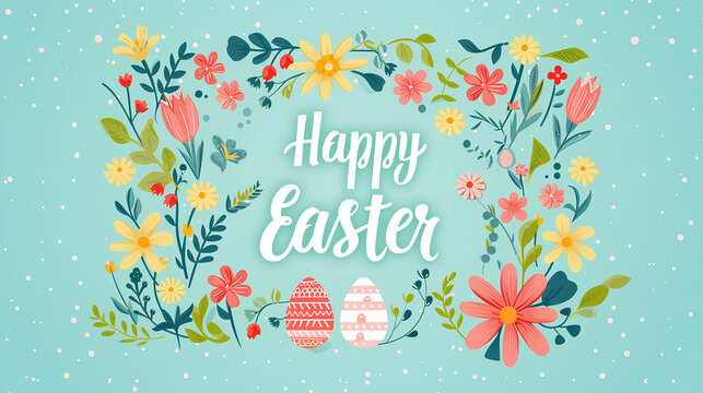 Happy Easter. A rabbit in a bright field with a basket of eggs. An illustration.