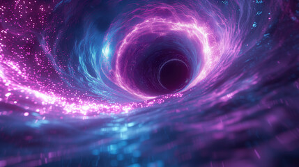 Abstract neon background. Black hole at the center of the vortex. Particles leave luminous traces. Fantastic wallpaper.