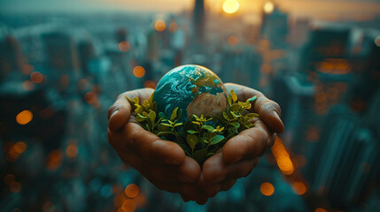 Sustainable Future: Human Hands Cradle Green Planet, Cityscape Background, Digital Artwork