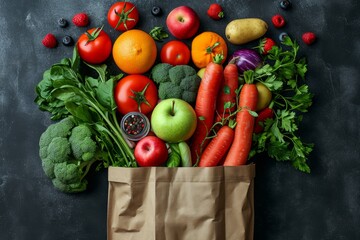A kraft bag with vegetables and fruits on a black background. Food delivery