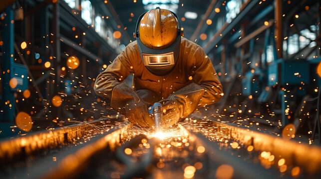 Sparks of Craftsmanship: Industrial Welder with Torch Creating a Dynamic and Intense Scene. Showcasing Skilled Craftsmanship in the Welding Process. Digital Photography