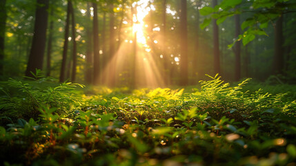 Fototapeta na wymiar Summer Sunlight: Lush Green Forest, Vibrant Colors, Detailed Foliage, Sony Photography