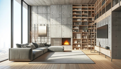 Interior of a minimalist living room with modern sectional sofa and built-in fireplace. Generative AI