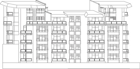 Vector sketch illustration of architectural design of multi-storey building hotel villa resort apartment rest area