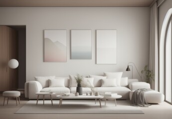 Mockup frame in interior background, room in light pastel colors, Scandi-Boho style