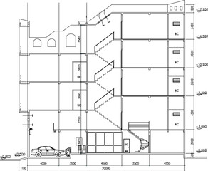 Vector sketch illustration of a simple hotel building section view engineering design drawing