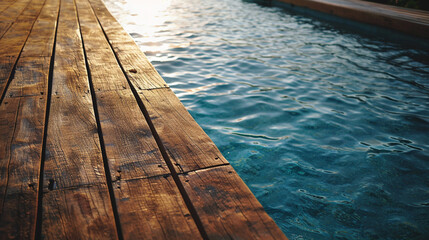 Wooden pier in the swimming pool with blue water at sunset.