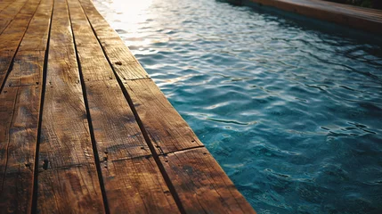Poster Wooden pier in the swimming pool with blue water at sunset. © PhotoFlex