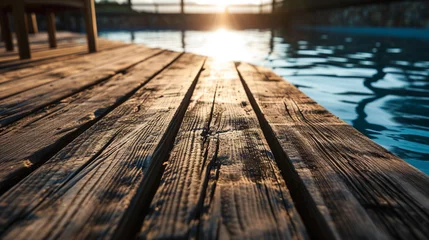 Foto auf Acrylglas Wooden pier in the swimming pool with blue water at sunset. © PhotoFlex
