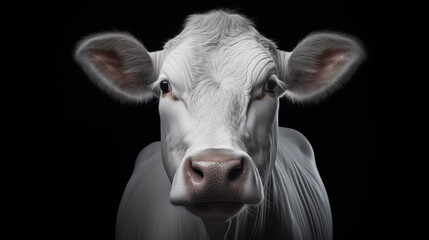 Portrait einer weißen Kuh vor schwarzem Hintergrund. Solo, frontal. Fotorealistische Illustration