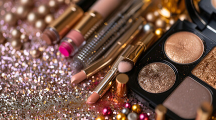 A flat lay of assorted makeup products on a glamorous glittery background.