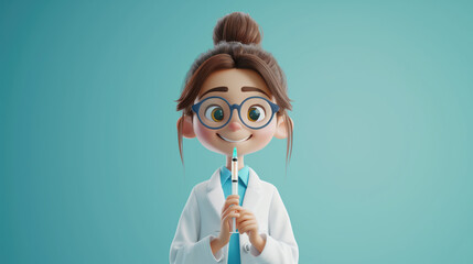 Obraz premium Cartoon character young woman doctor holding syringe with vaccine, wears glasses and uniform.