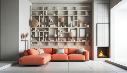 Modern minimalist living room interior with burnt orange sectional sofa and open fireplace. Generative AI