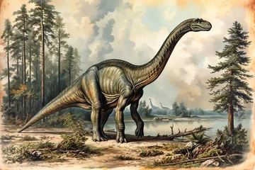 Poster Sauropod, antique old colored style art. The image has an aged appearance with visible scratches and marks. Generative ai image. © Mark K. Barry
